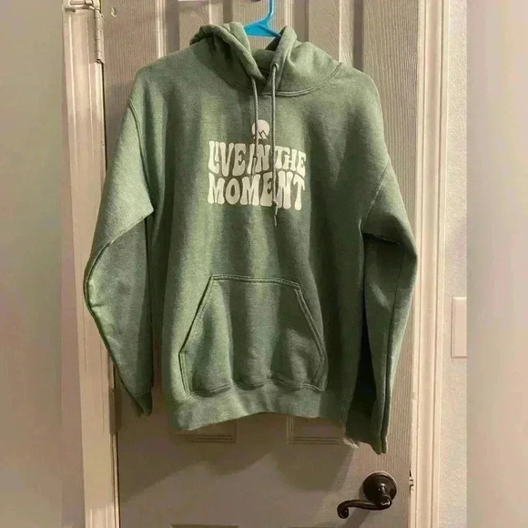 Unisex pullover sweatshirt hoodie with LIVE IN THE MOMENT in green with white - Picture 1 of 7